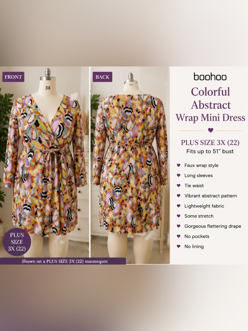 Boohoo - faux wrap- draped, lightweight/ Colorful Abstract Mini Dress